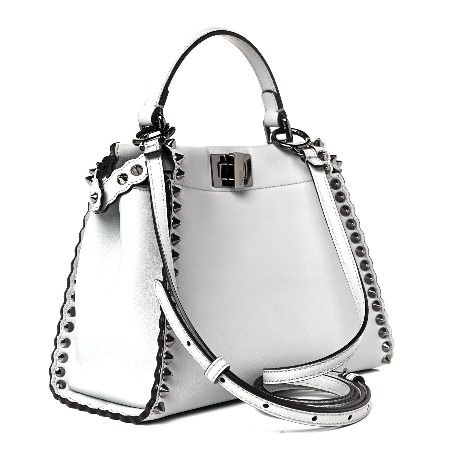Vitello Seta Shiny Nappa Scalloped Studded Mini Peekaboo Iconic Satchel Grigio Perla