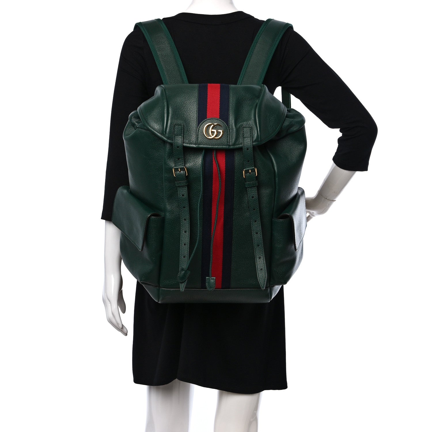 Gucci Grained Calfskin Medium Ophidia Double Buckle Backpack Green 2 of 8