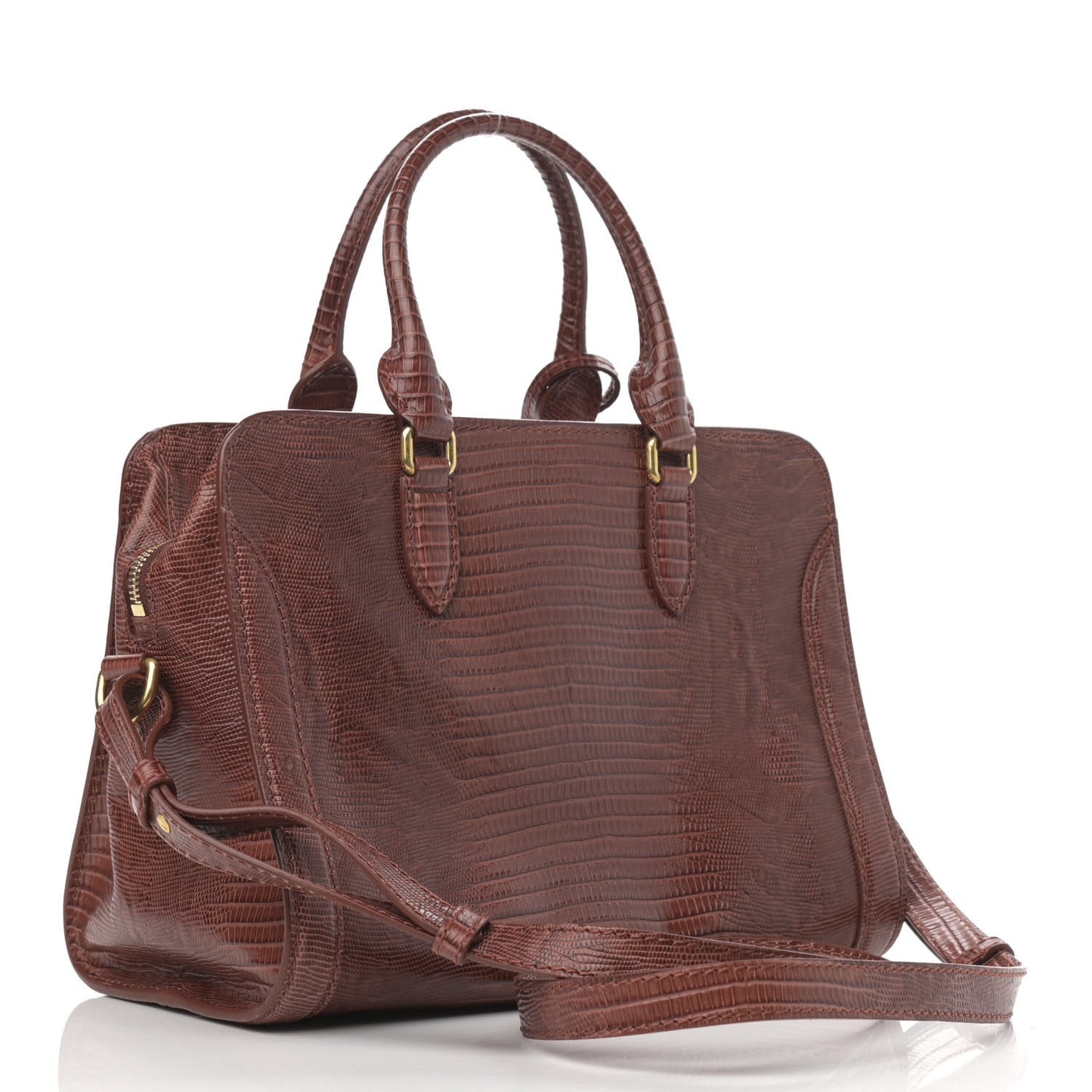 Calfskin Lizard Embossed Small Skull Padlock Zip Around Tote Brown
