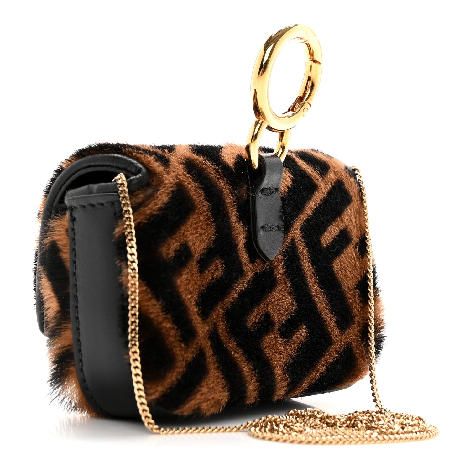 Fendi Sheared Sheepskin Vitello King FF Nano Baguette Charm Tobacco Moro Black 3 of 11