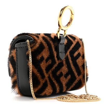 Fendi Sheared Sheepskin Vitello King FF Nano Baguette Charm Tobacco Moro Black 3 of 11