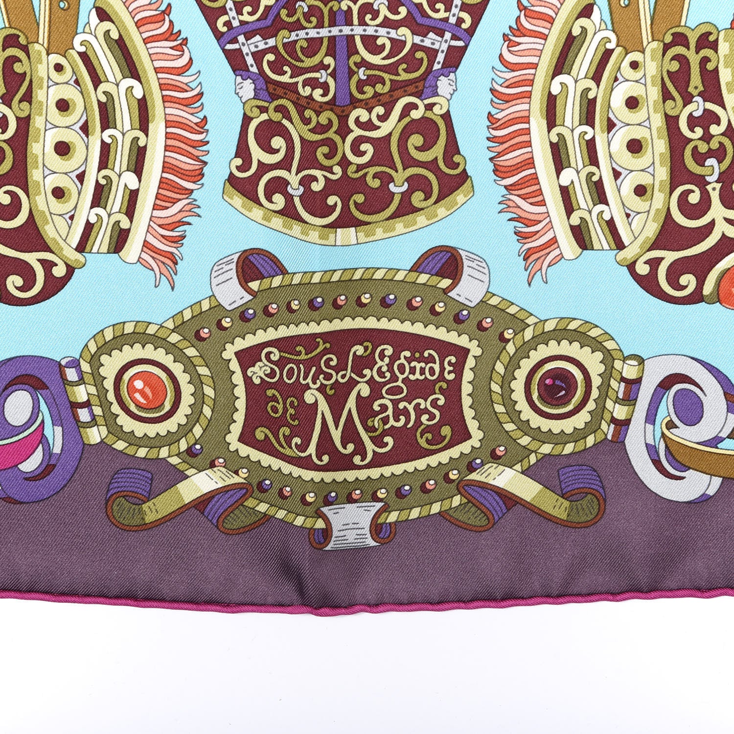 Hermes Silk Sous L'Egide De Mars Scarf 90 Turquoise Prune Corail 2 of 5