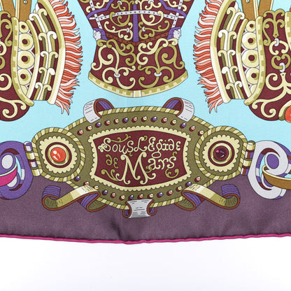 Hermes Silk Sous L'Egide De Mars Scarf 90 Turquoise Prune Corail 2 of 5
