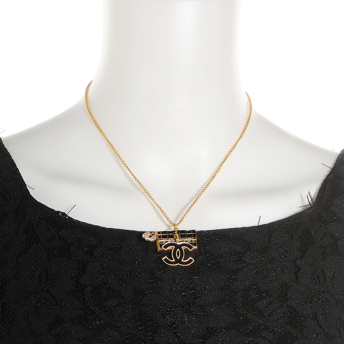 Pearl Enamel CC Flap Charm Necklace Black Gold