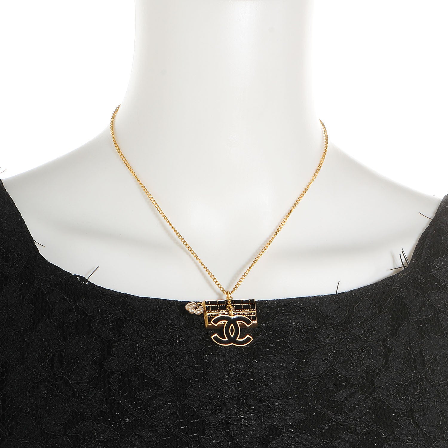 Chanel Pearl Enamel CC Flap Charm Necklace Black Gold 2 of 4