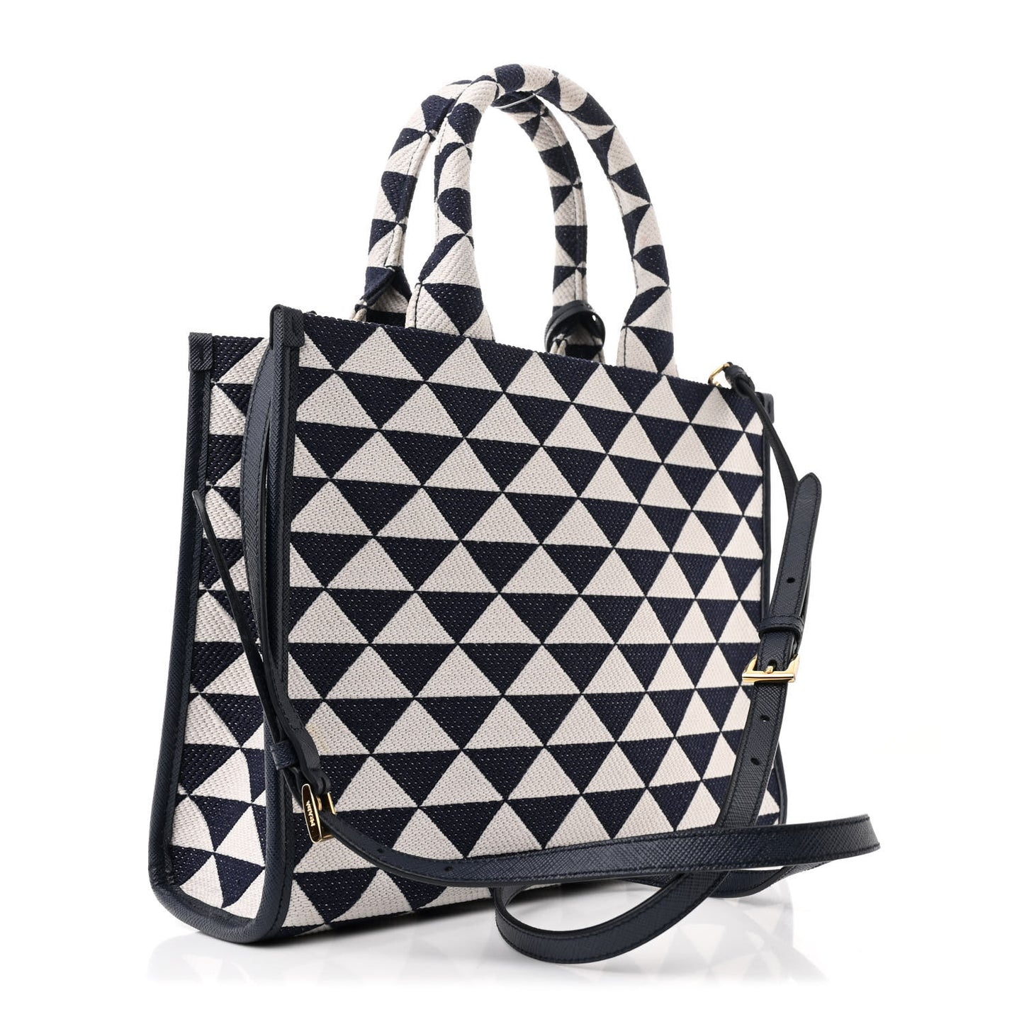 Jacquard Saffiano Triangolo Symbole Embroidered Small Tote Baltico Talco