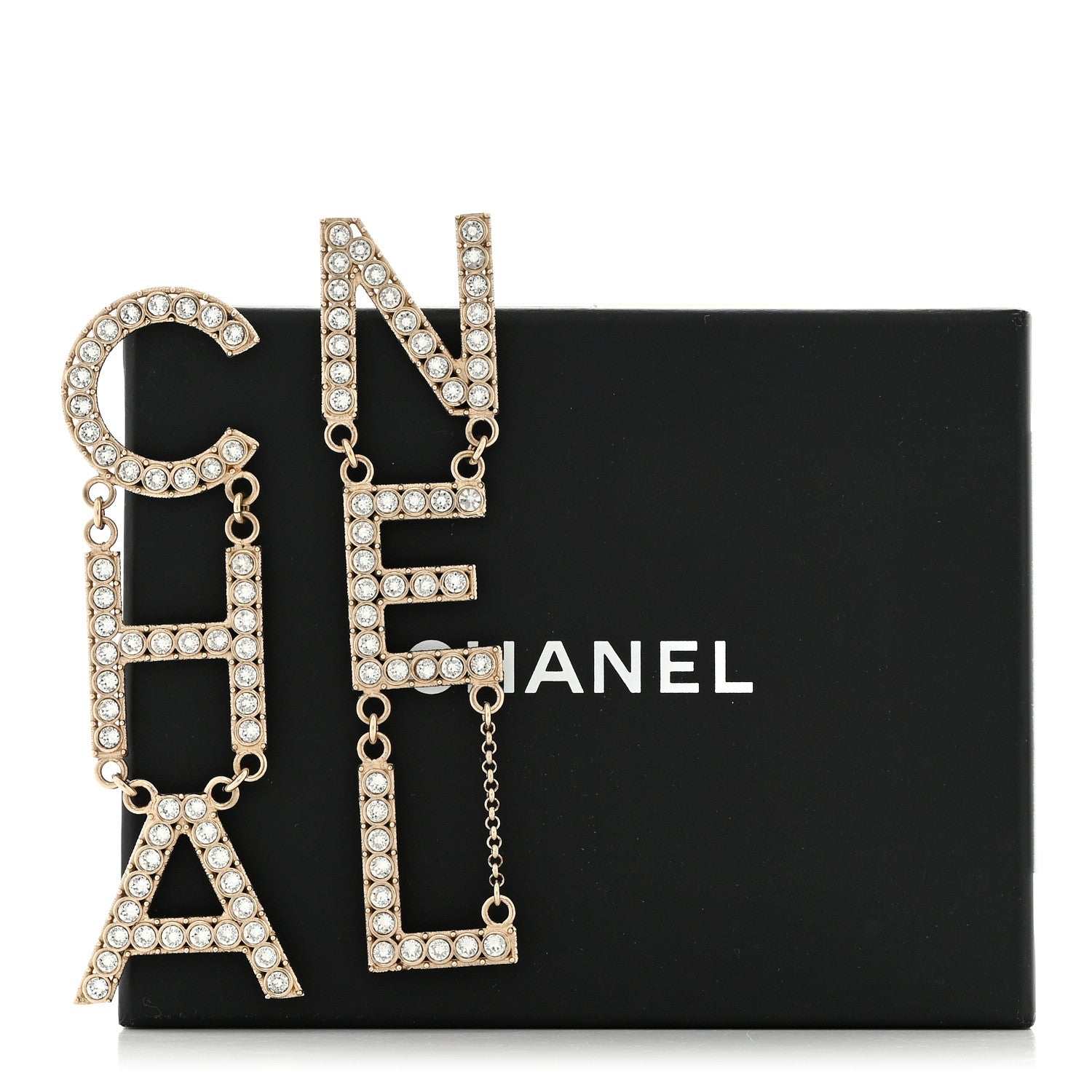 Chanel Crystal Cha-Nel Logo Drop Earrings Gold 5 of 5
