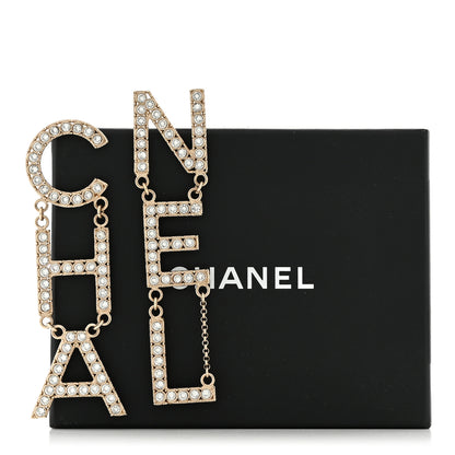 Chanel Crystal Cha-Nel Logo Drop Earrings Gold 5 of 5