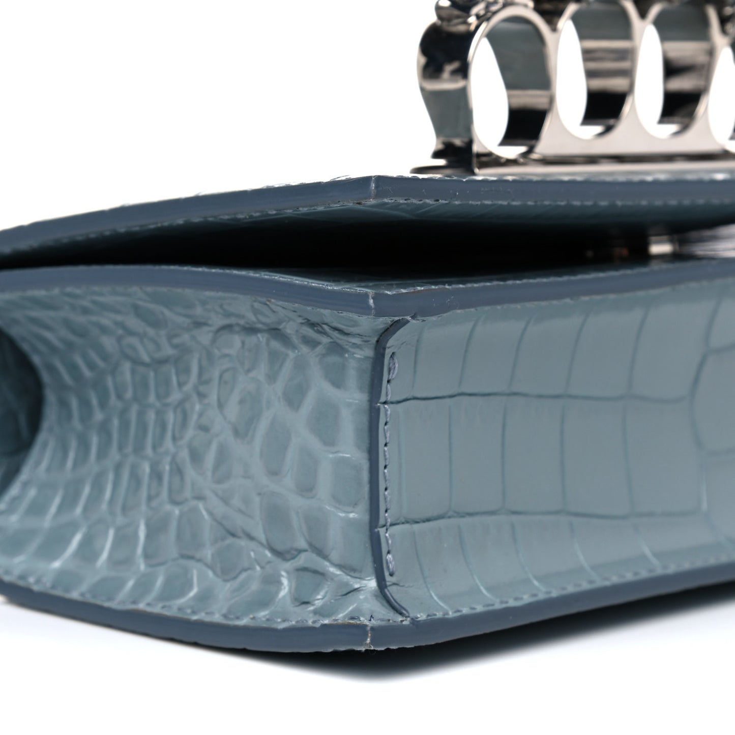 Shiny Crocodile Embossed Jeweled Satchel Blue Grey