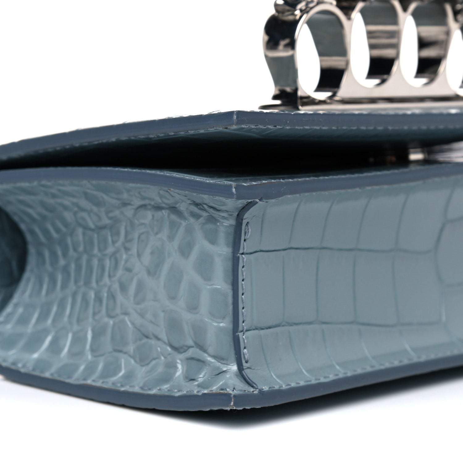 Alexander McQueen Shiny Crocodile Embossed Jeweled Satchel Blue Grey 10 of 17