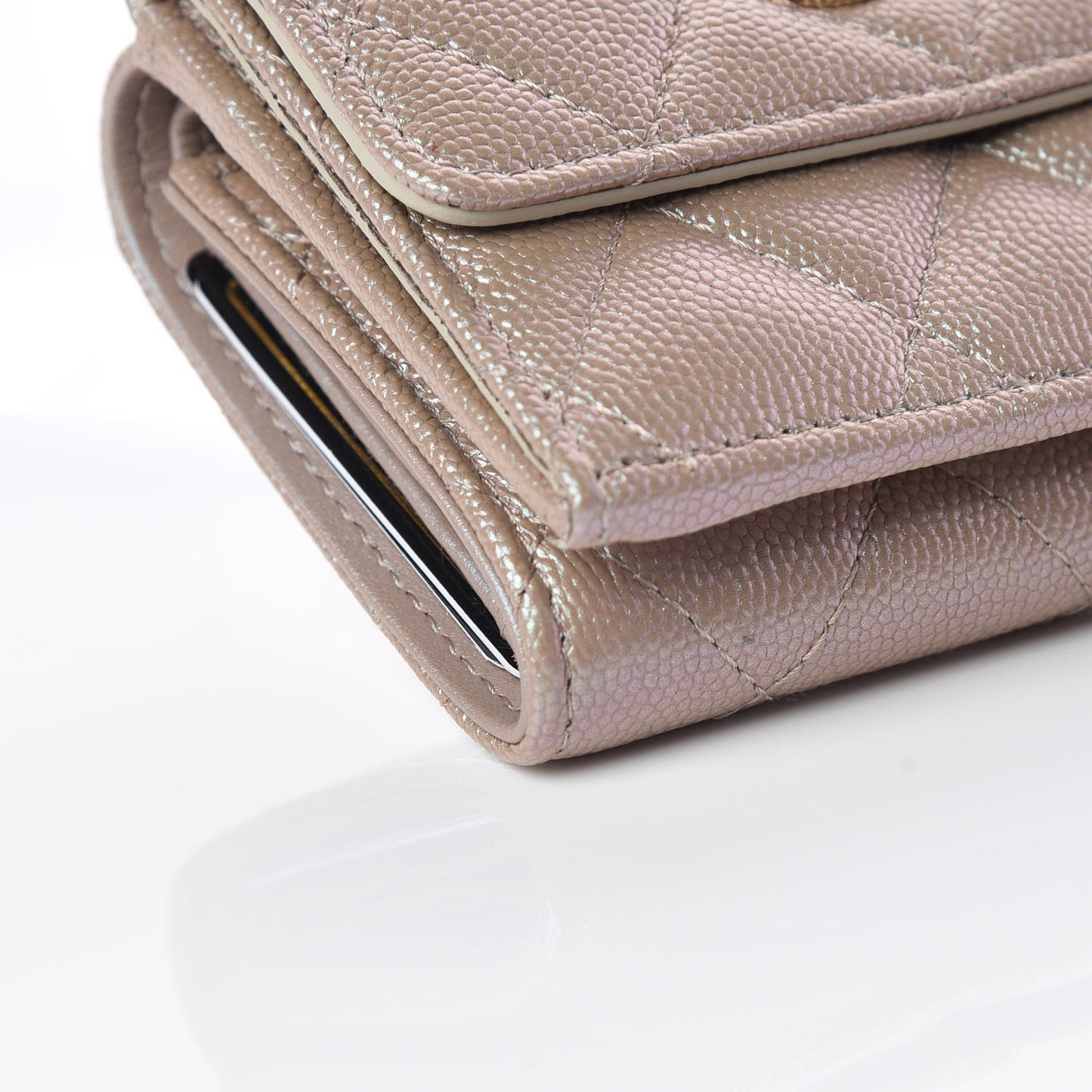 Iridescent Caviar Quilted Double Flap Wallet Beige