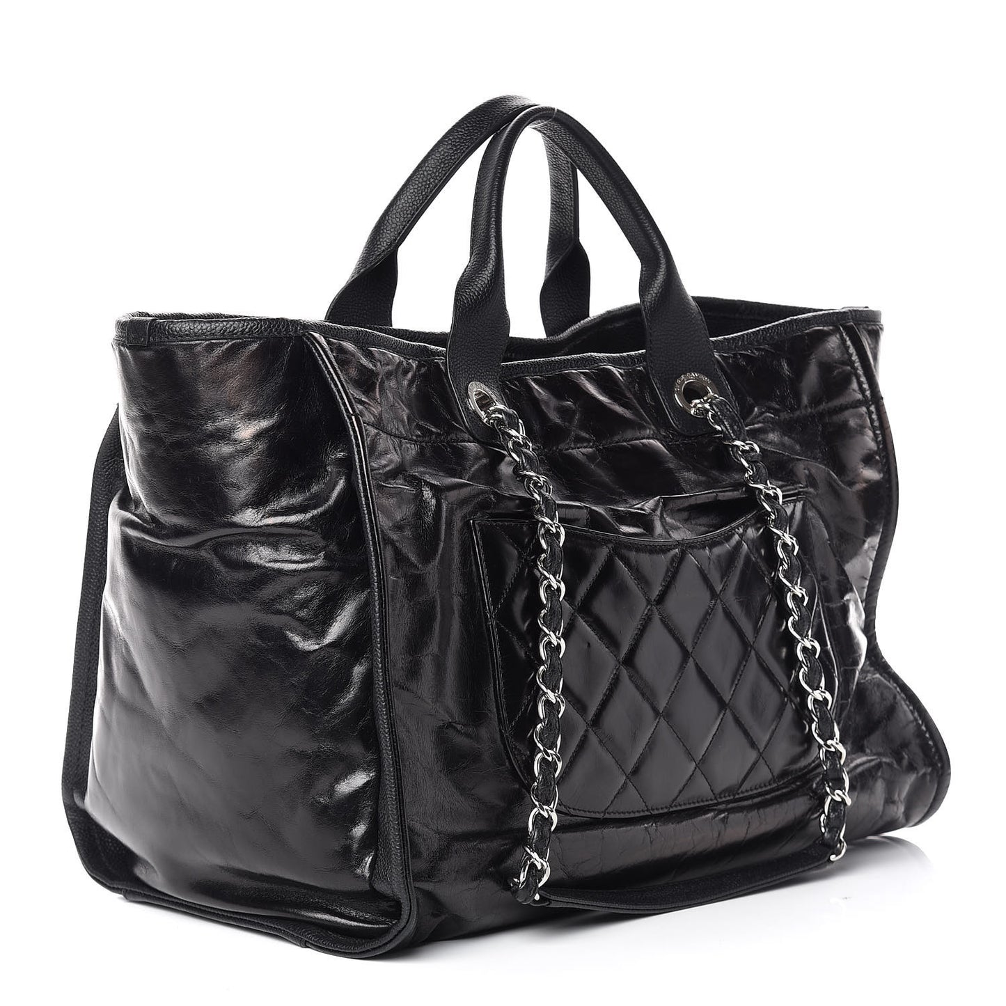 Glazed Calfskin Large Deauville Tote Black