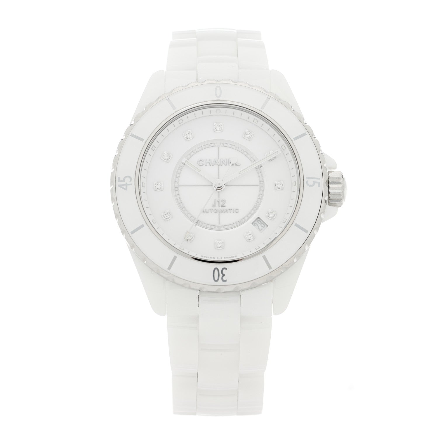 Chanel Stainless Steel Ceramic Diamond 38mm J12 Automatic Watch White 1 of 4