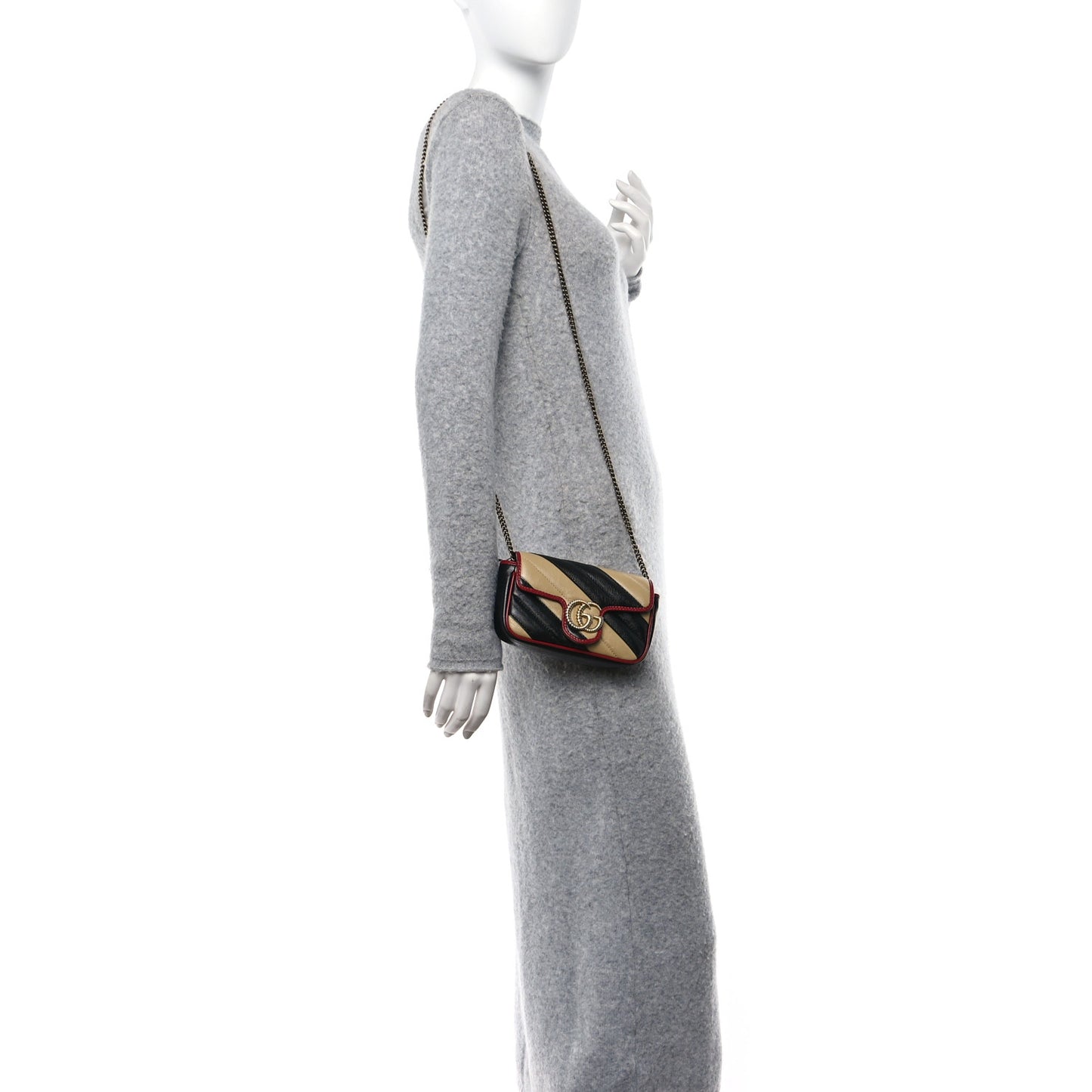 Vintage Effect Calfskin Matelasse Diagonal Striped Mini Torchon GG Marmont Shoulder Bag Black Beige