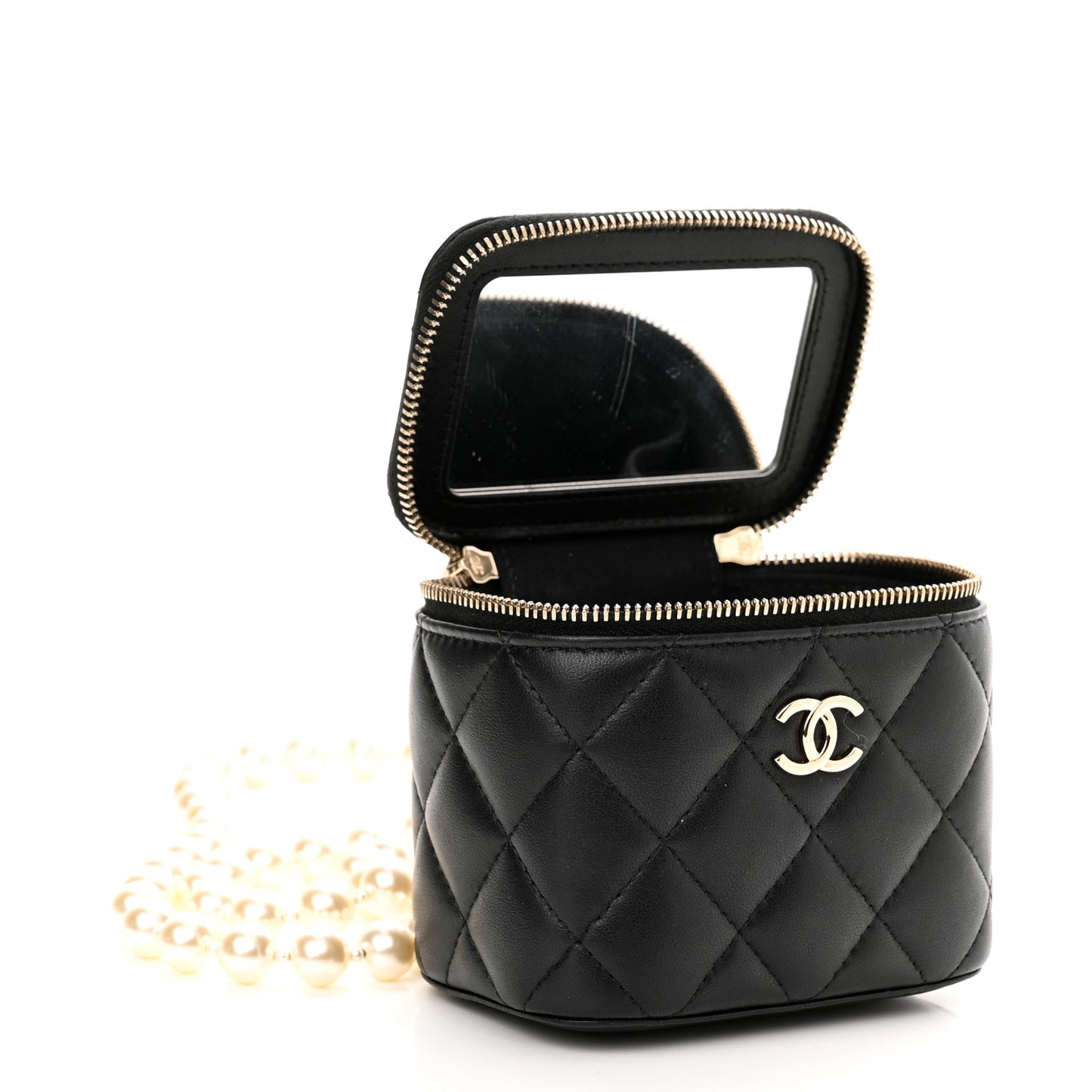 Lambskin Quilted Mini Vanity Case With Pearl Chain Black