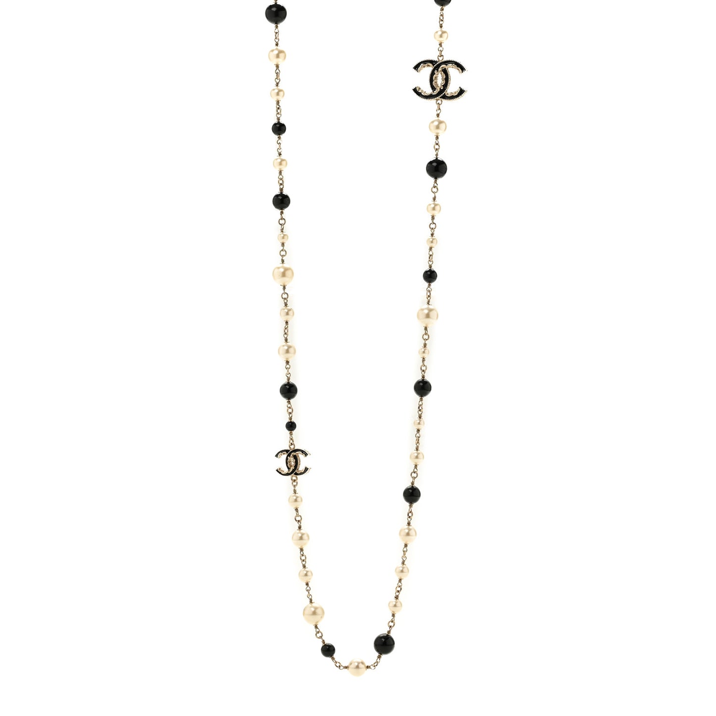 Pearl Bead Enamel CC Baroque Long Necklace Black Gold