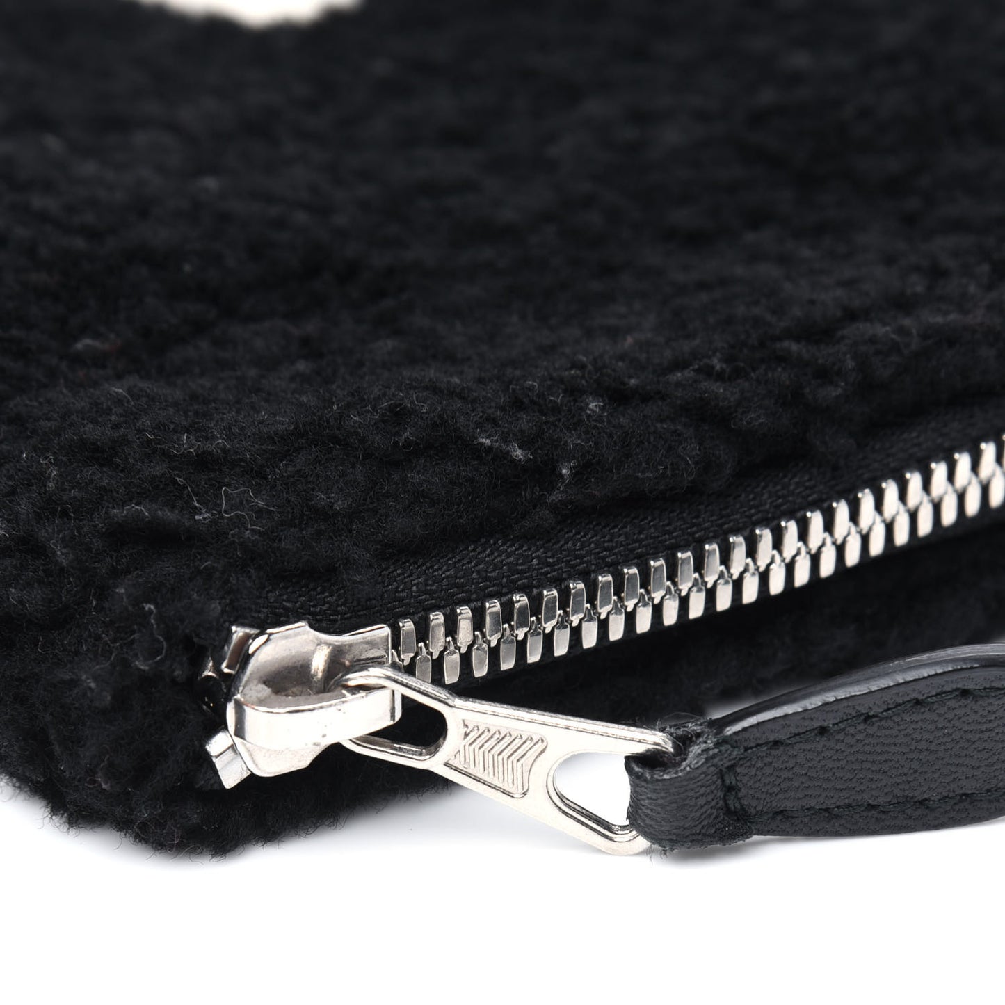 Sheepskin Shearling Contrasted Logo Large Zip Pouch Black