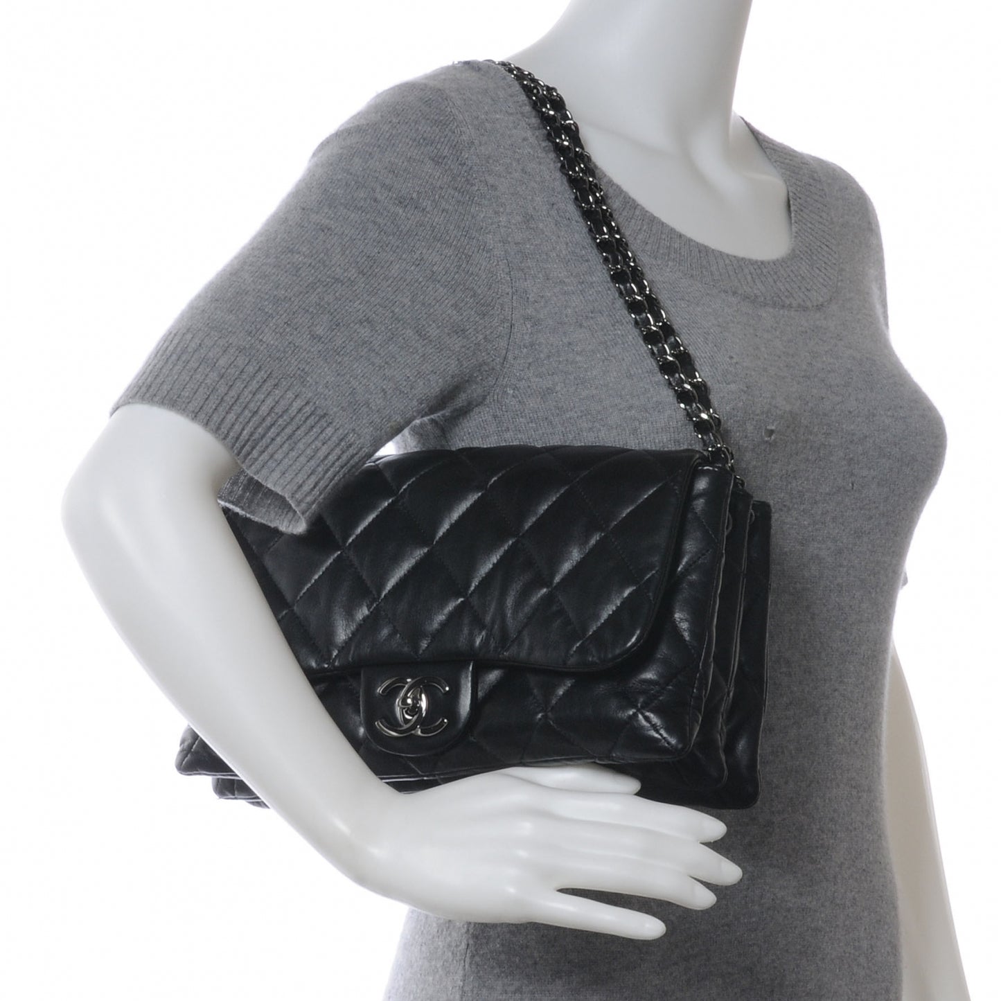 Lambskin Quilted 3 Large Accordion Flap Black
