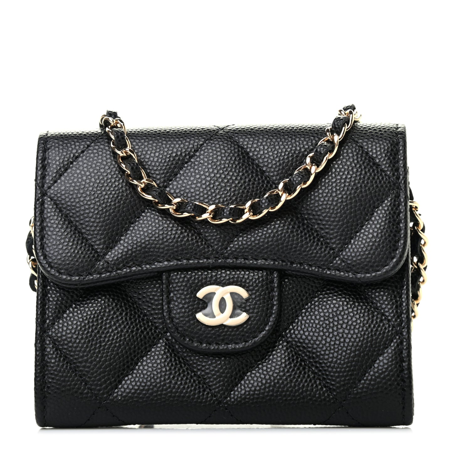 Caviar Quilted Flap Card Holder On Chain Black