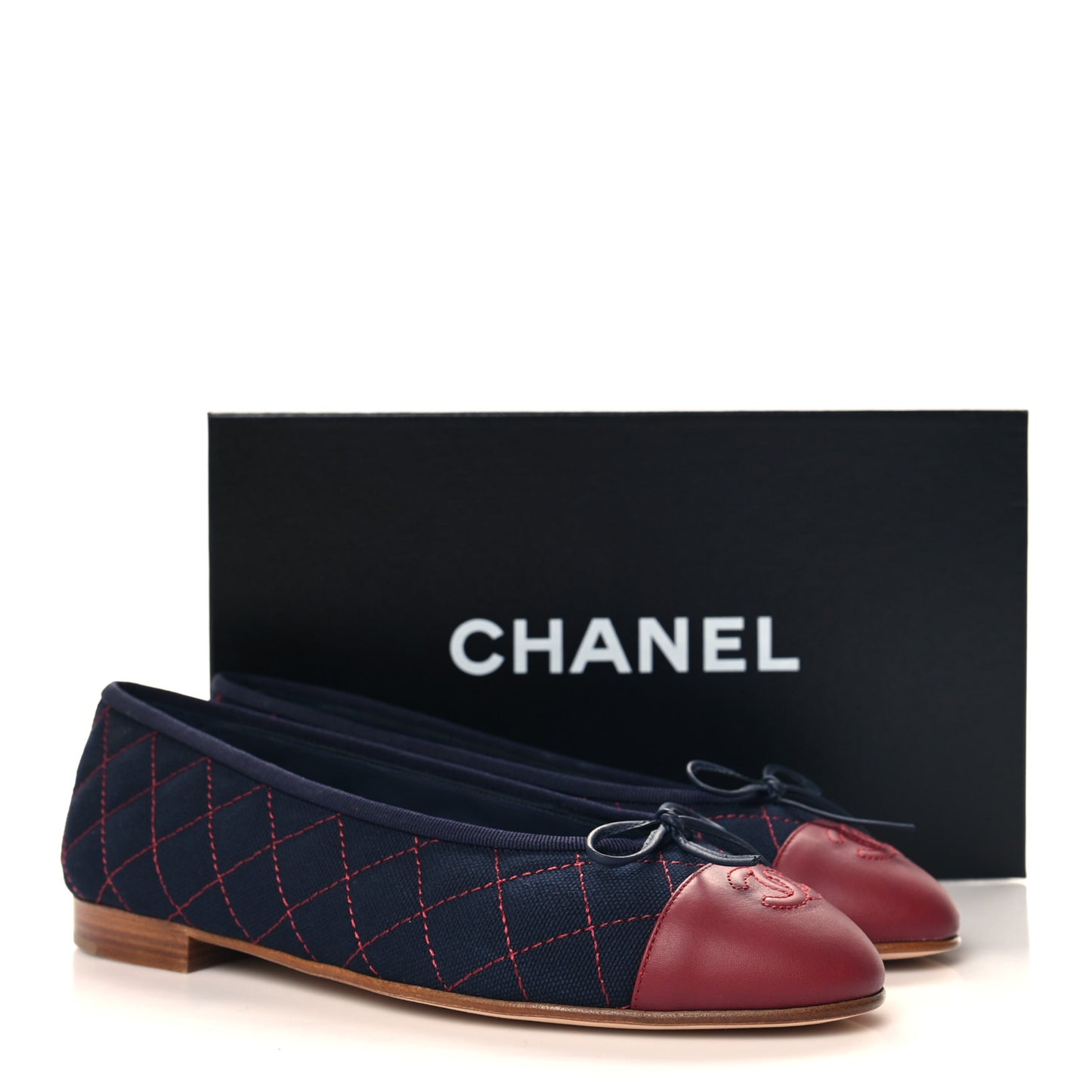 Canvas Calfskin Quilted Cap Toe CC Ballerina Flats 38.5 Navy Red