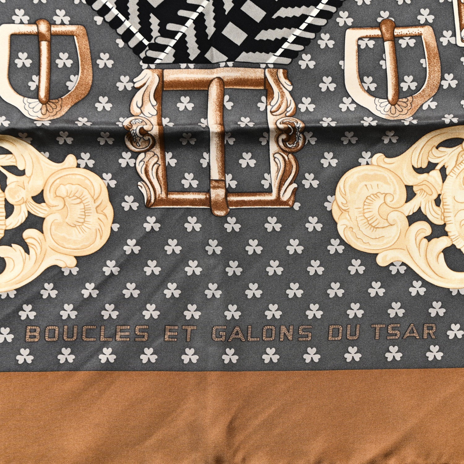 Hermes Silk Boucles Et Galons Du Tsar Scarf 90 Camel Black Gris 10 of 13