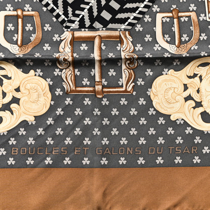 Hermes Silk Boucles Et Galons Du Tsar Scarf 90 Camel Black Gris 10 of 13
