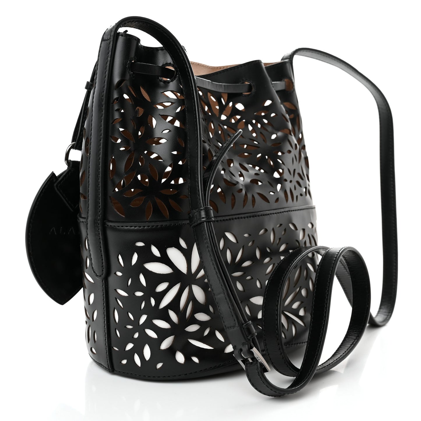 Calfskin Laser Cut Bucket Bag Black