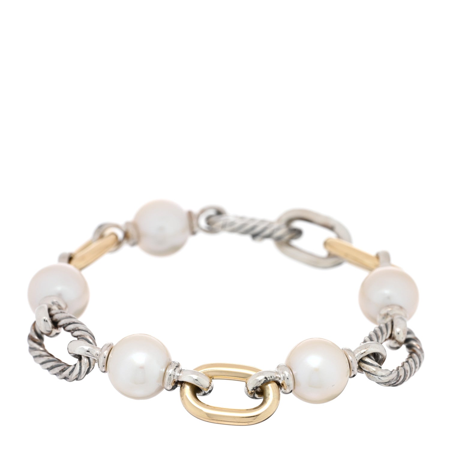 David Yurman Sterling Silver 18K Yellow Gold Cultured Pearl DY Madison Link Chain Bracelet 1 of 4
