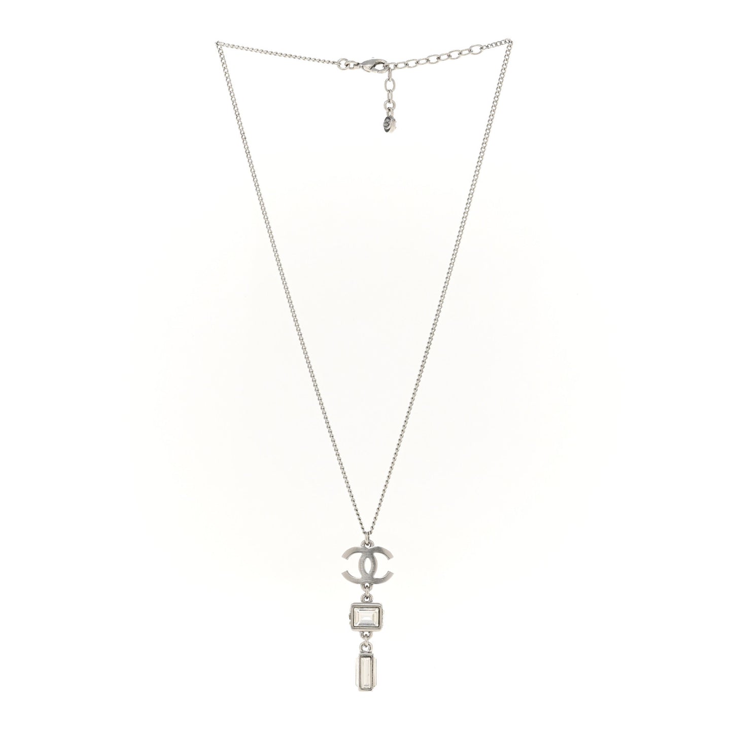 Crystal Baguette CC Drop Pendant Necklace Silver