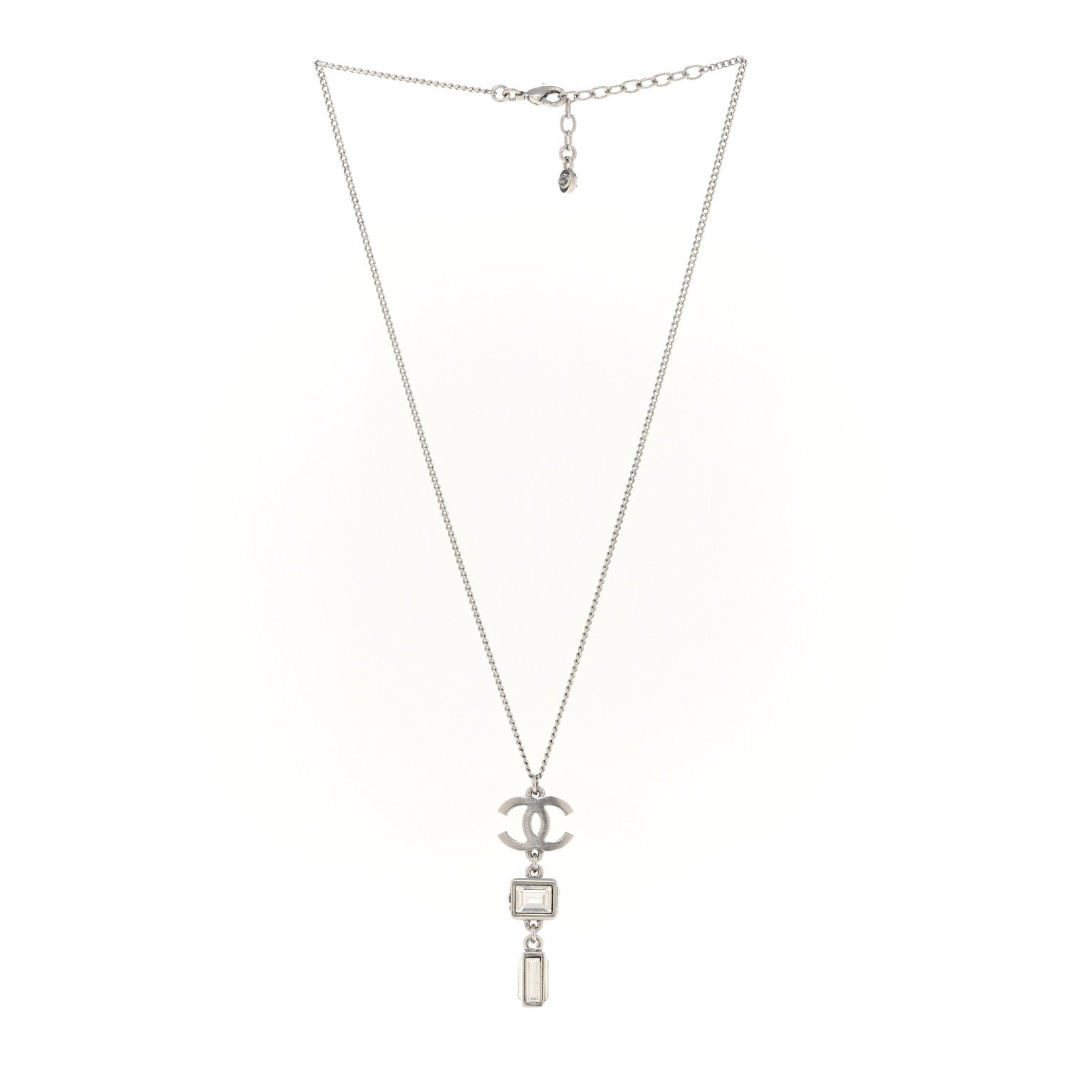 Chanel Crystal Baguette CC Drop Pendant Necklace Silver 3 of 7