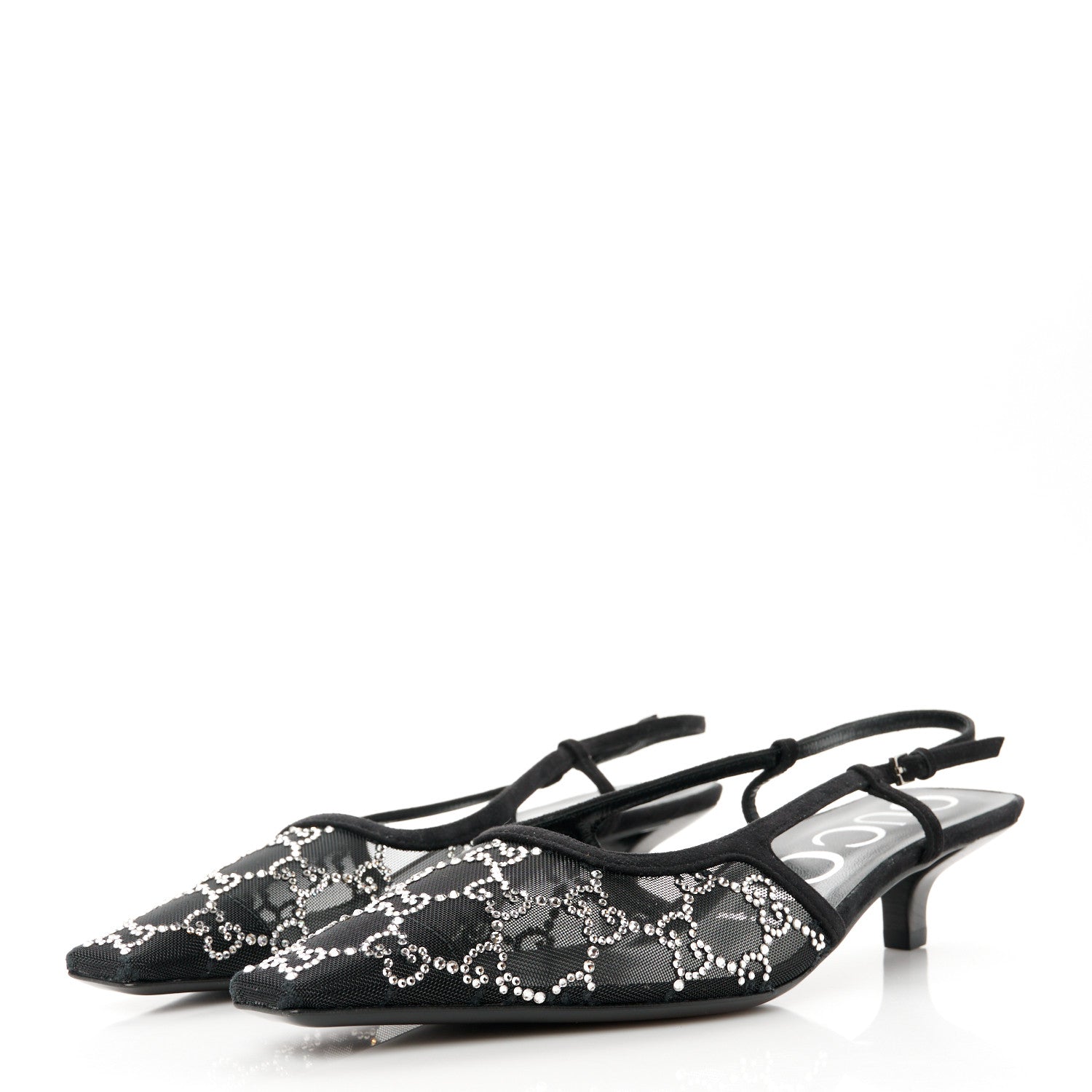 Gucci Tela Retino Kid Scamosciato Crystal GG Monogram Square G 35mm Slingback Pumps 38.5 Black 3 of 9