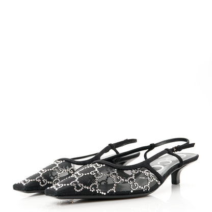 Gucci Tela Retino Kid Scamosciato Crystal GG Monogram Square G 35mm Slingback Pumps 38.5 Black 3 of 9