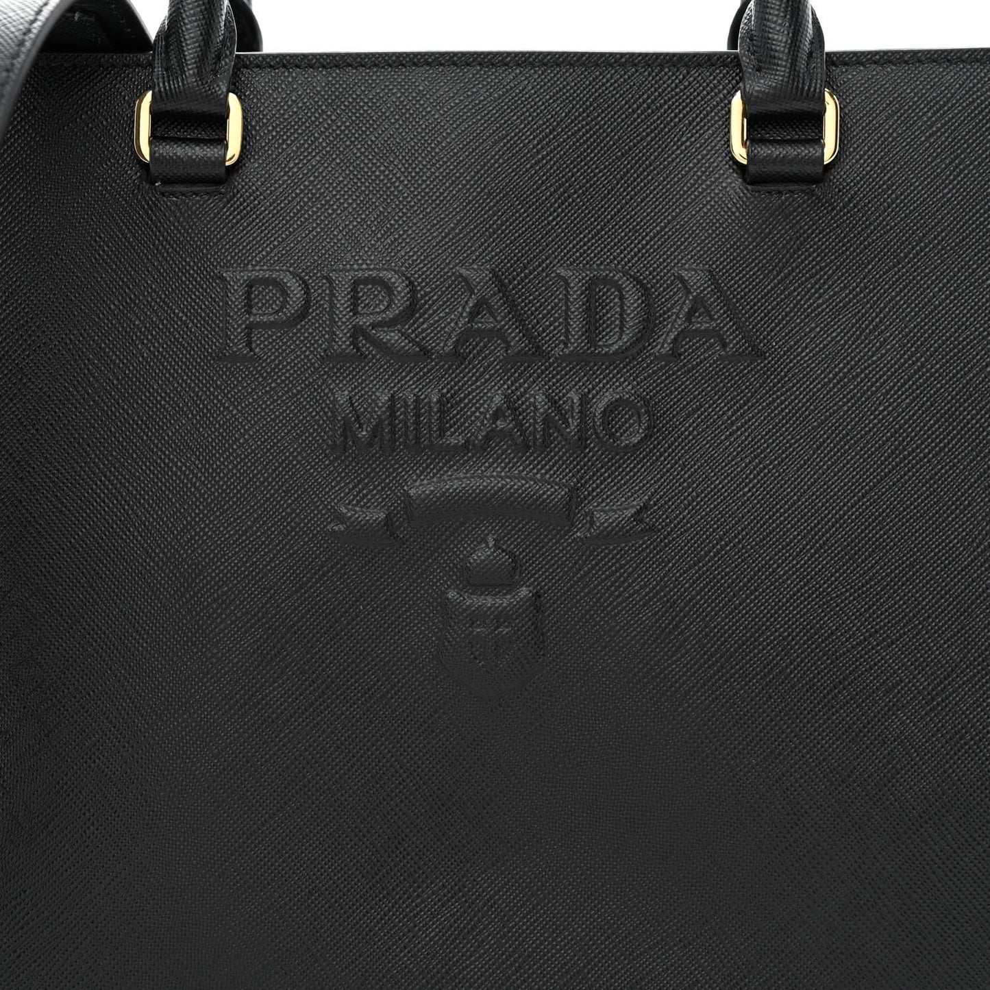 Saffiano Lux Logo Embossed Medium Shoulder Tote Handbag Black