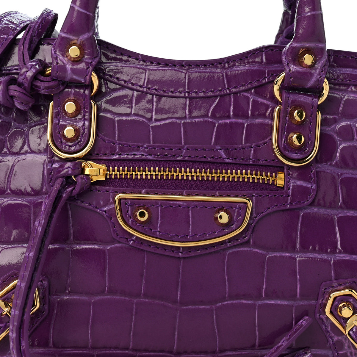 Balenciaga Calfskin Crocodile Embossed Gold Metallic Edge Hardware Nano City Purple 9 of 11
