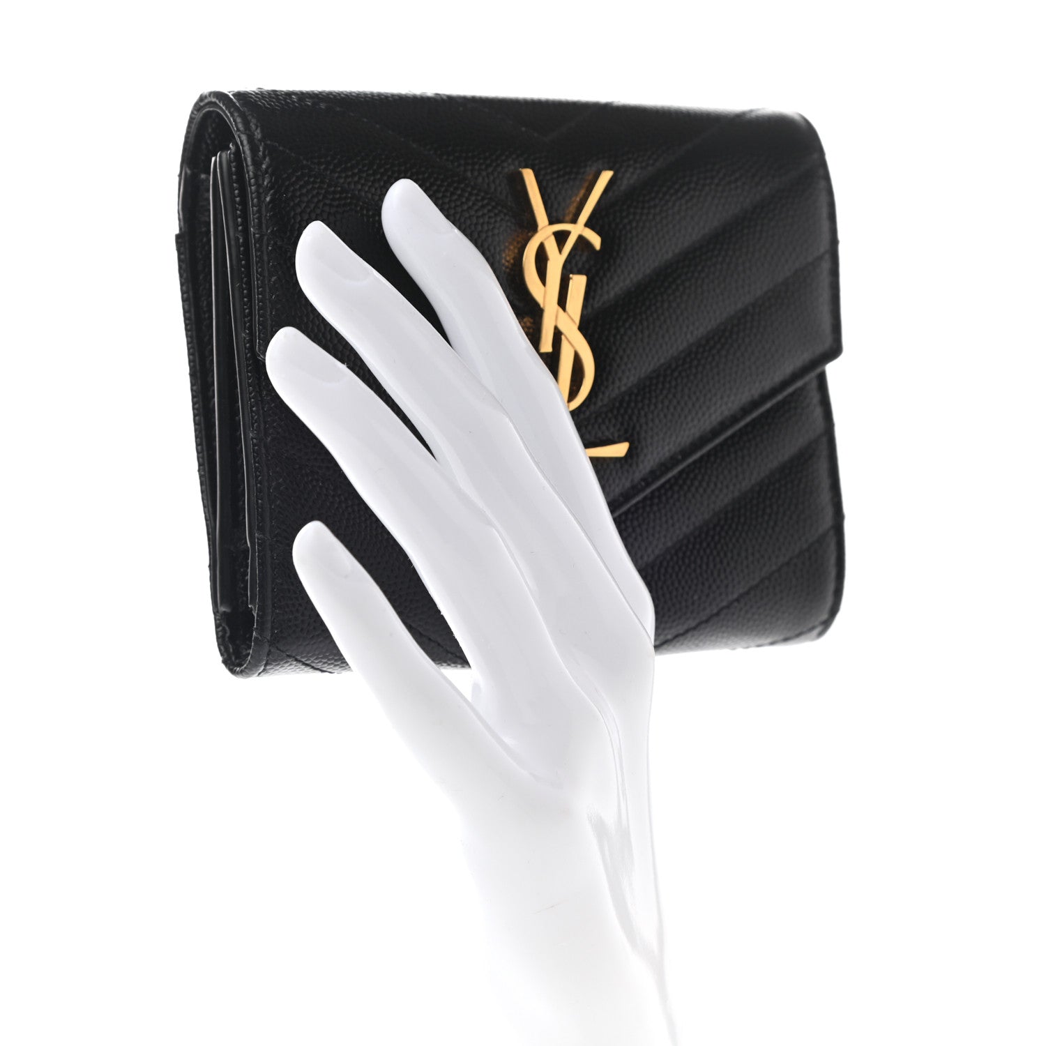 Saint Laurent Grain De Poudre Matelasse Chevron Monogram Compact Tri Fold Wallet Black 2 of 6
