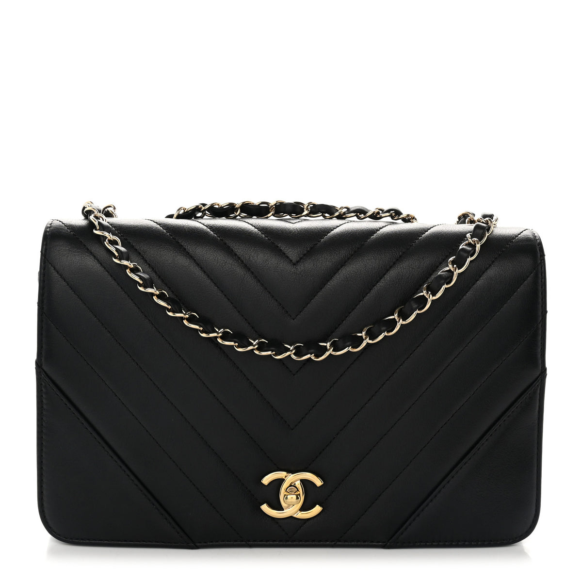 Calfskin Chevron Quilted Large Statement Flap Black
