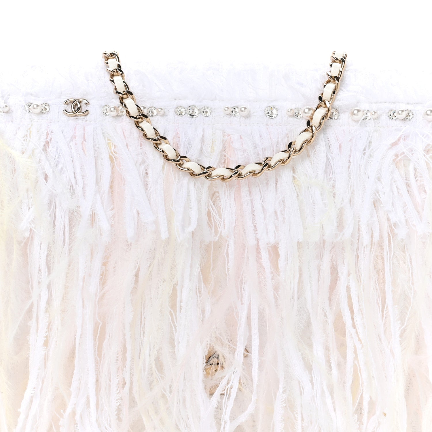 Chanel Tweed Embroidered Feathers Pearl Crystal Clutch White 9 of 11