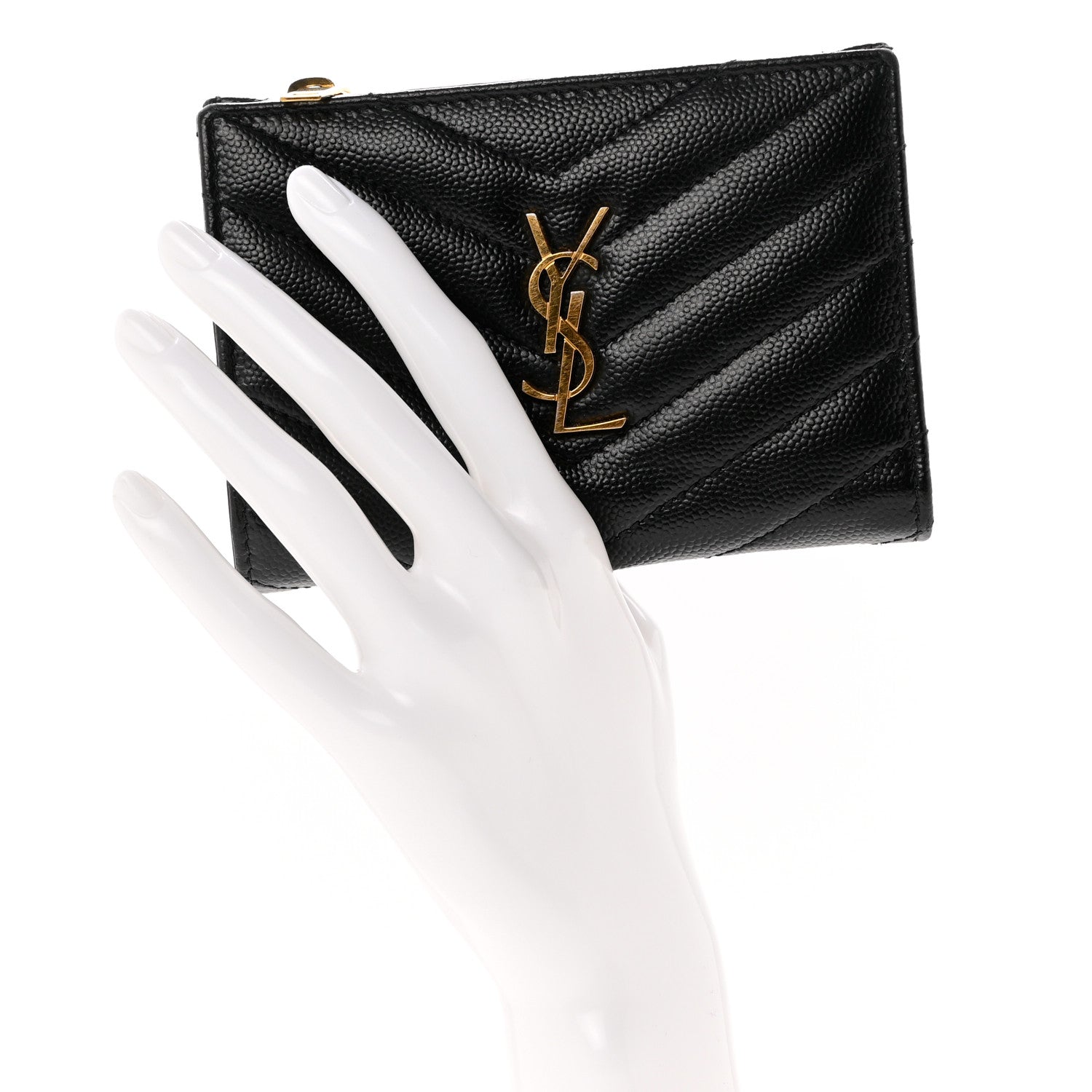 Saint Laurent Grain De Poudre Matelasse Chevron Monogram Zipped Two-Part Wallet Black 2 of 9