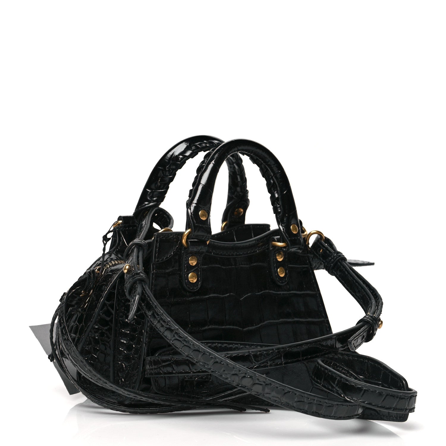 Balenciaga Shiny Supple Calfskin Crocodile Embossed Neo Classic Gold Hardware Nano City Crossbody Black 2 of 8