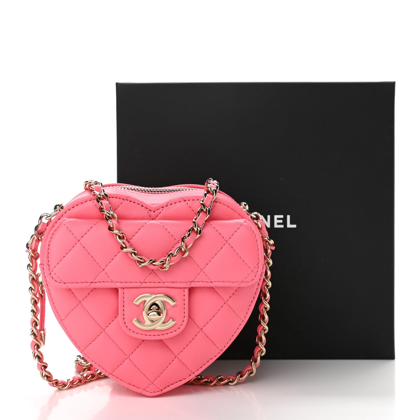 Lambskin Quilted CC In Love Heart Clutch With Chain Pink