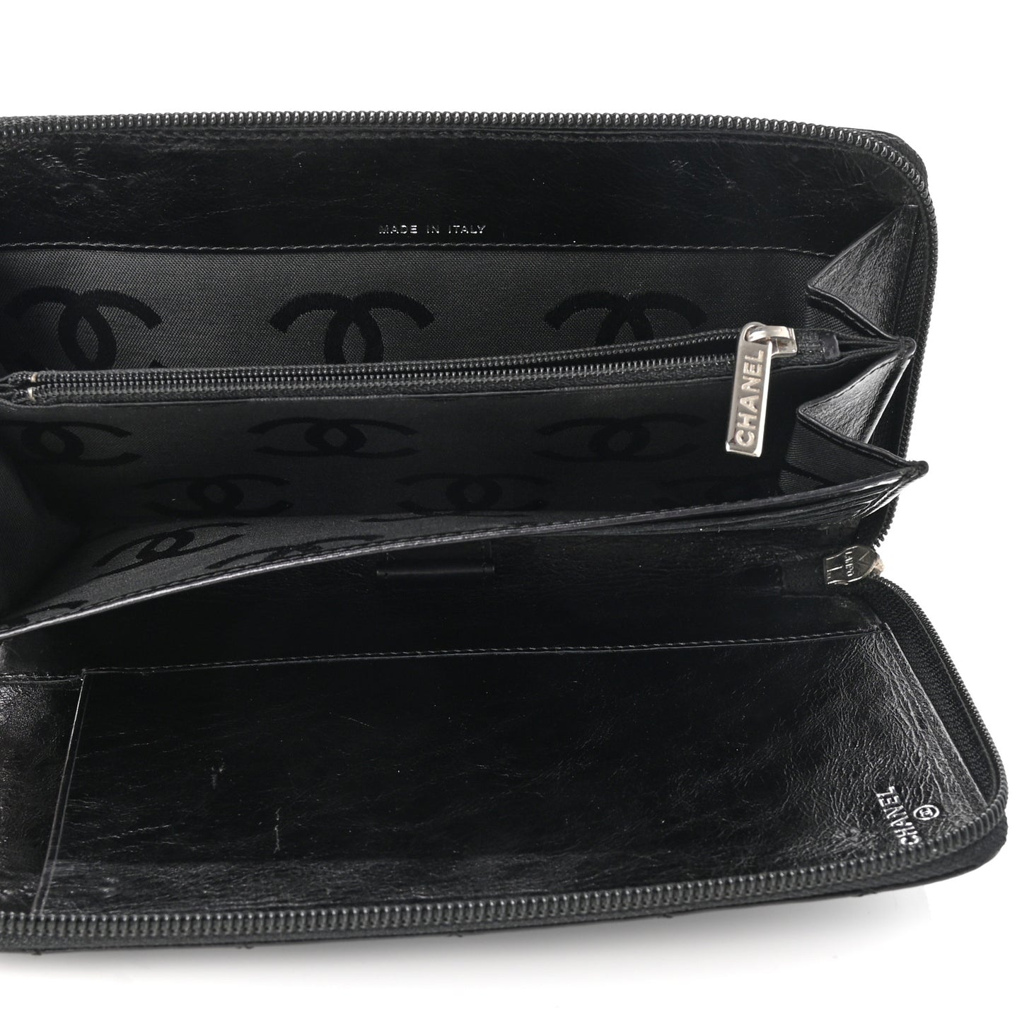 Calfskin Quilted Cambon Zip Around Organizer Wallet Black