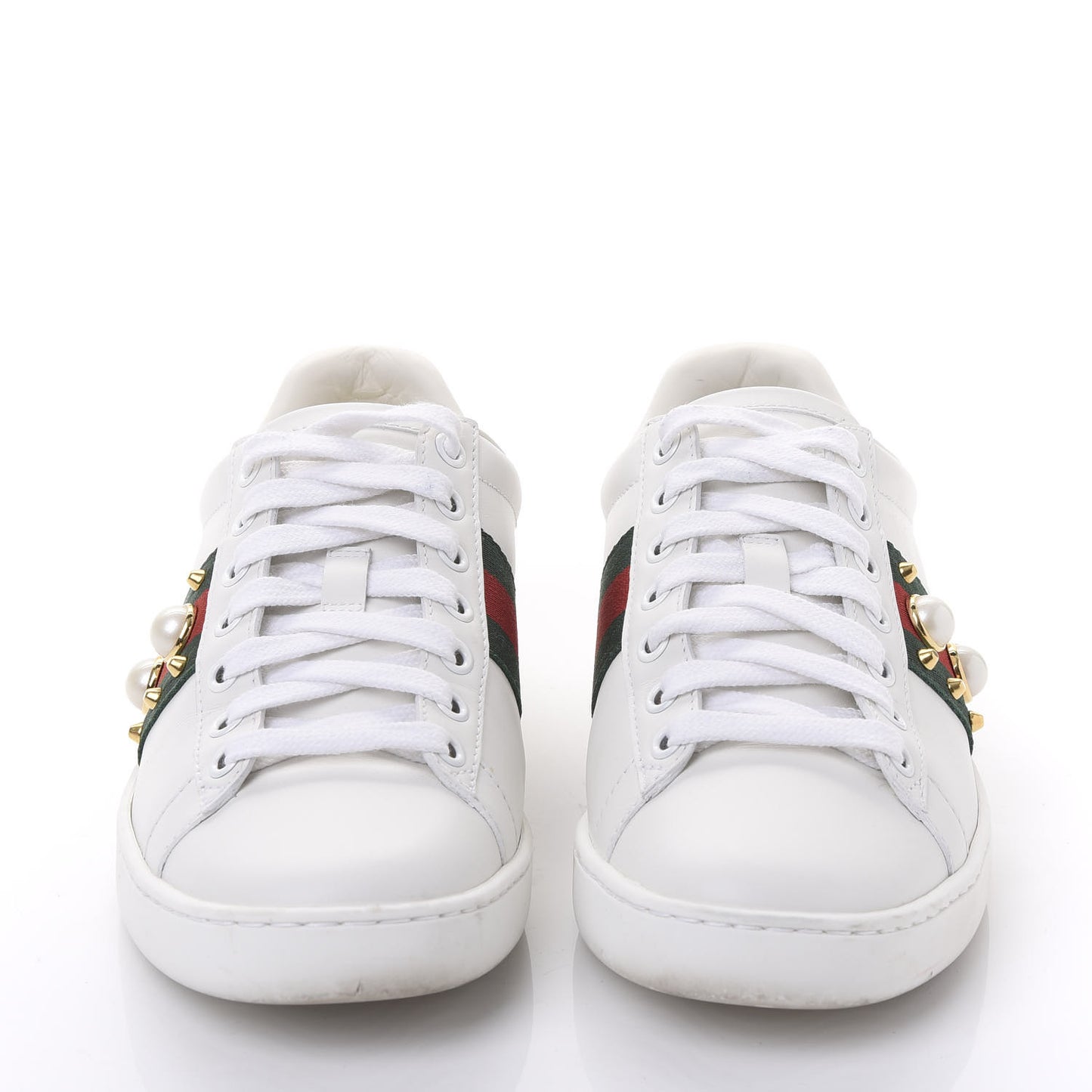 Calfskin Web Pearl Studded Womens Ace Sneakers 36 White