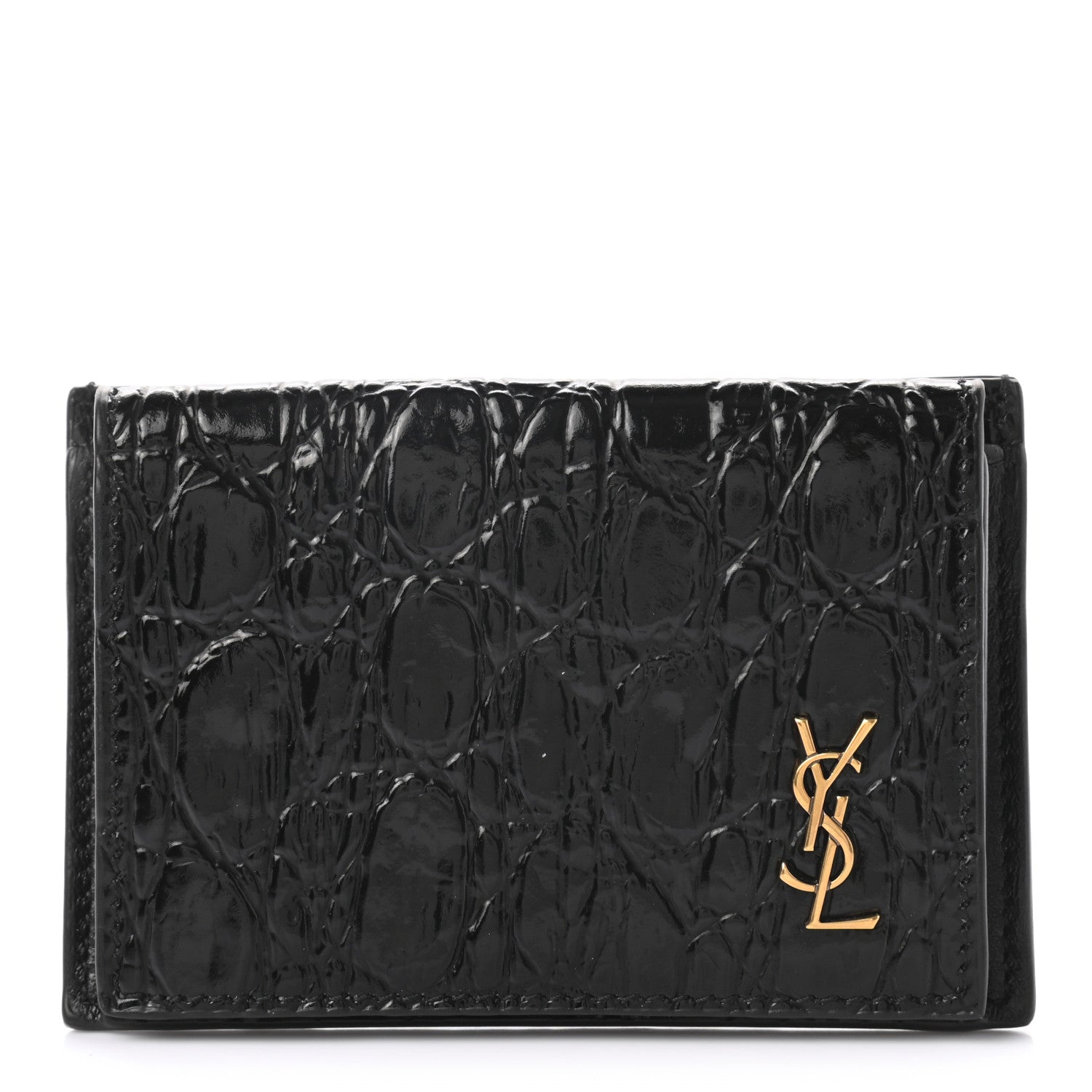 Saint Laurent Calfskin Crocodile Embossed Monogram Coin Pouch Black 1 of 6