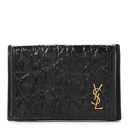 Saint Laurent Calfskin Crocodile Embossed Monogram Coin Pouch Black 1 of 6