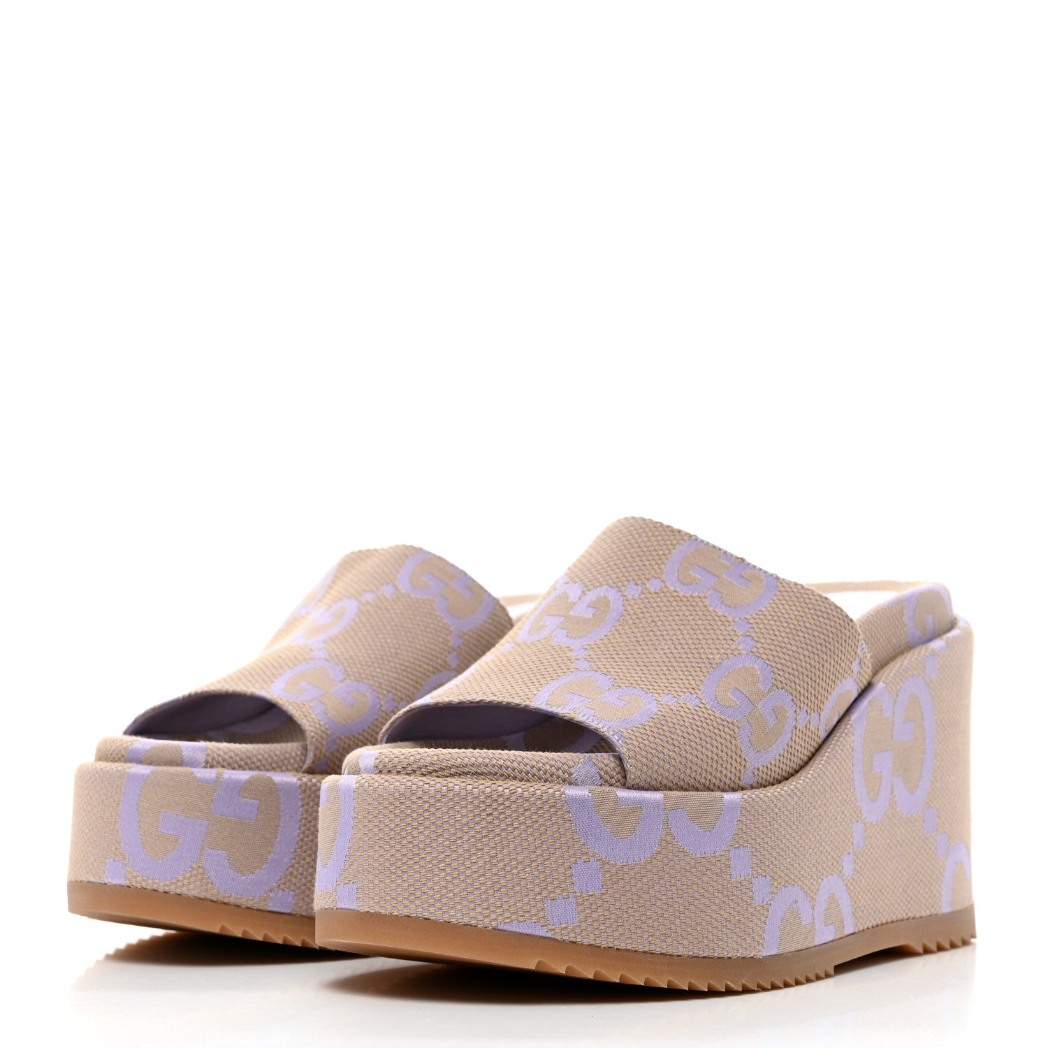 Gucci Monogram Jumbo GG Platform Slide Wedge Sandals 38 Beige Lapis 3 of 8