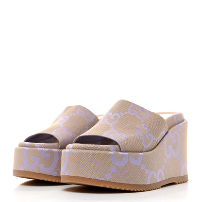 Gucci Monogram Jumbo GG Platform Slide Wedge Sandals 38 Beige Lapis 3 of 8