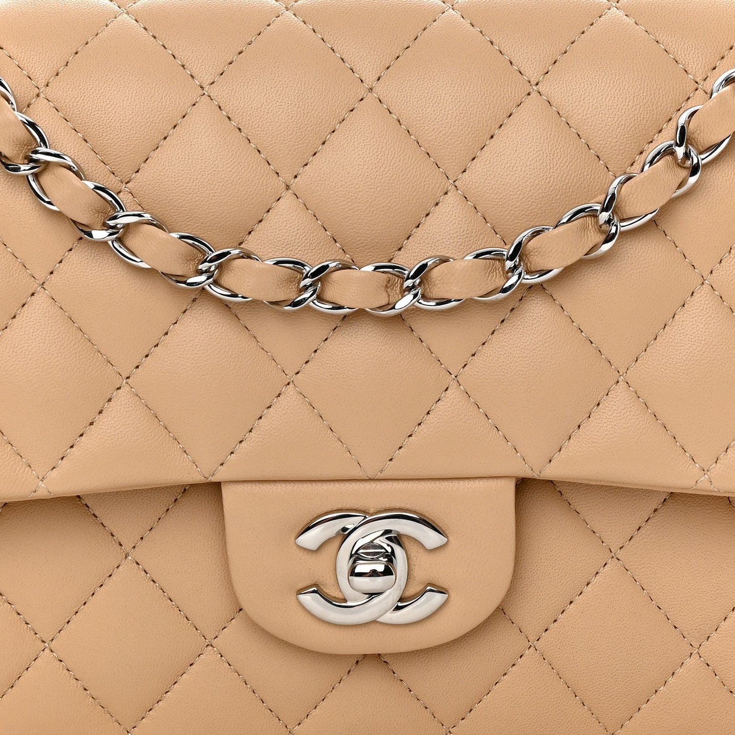 Lambskin Quilted Medium Double Flap Beige