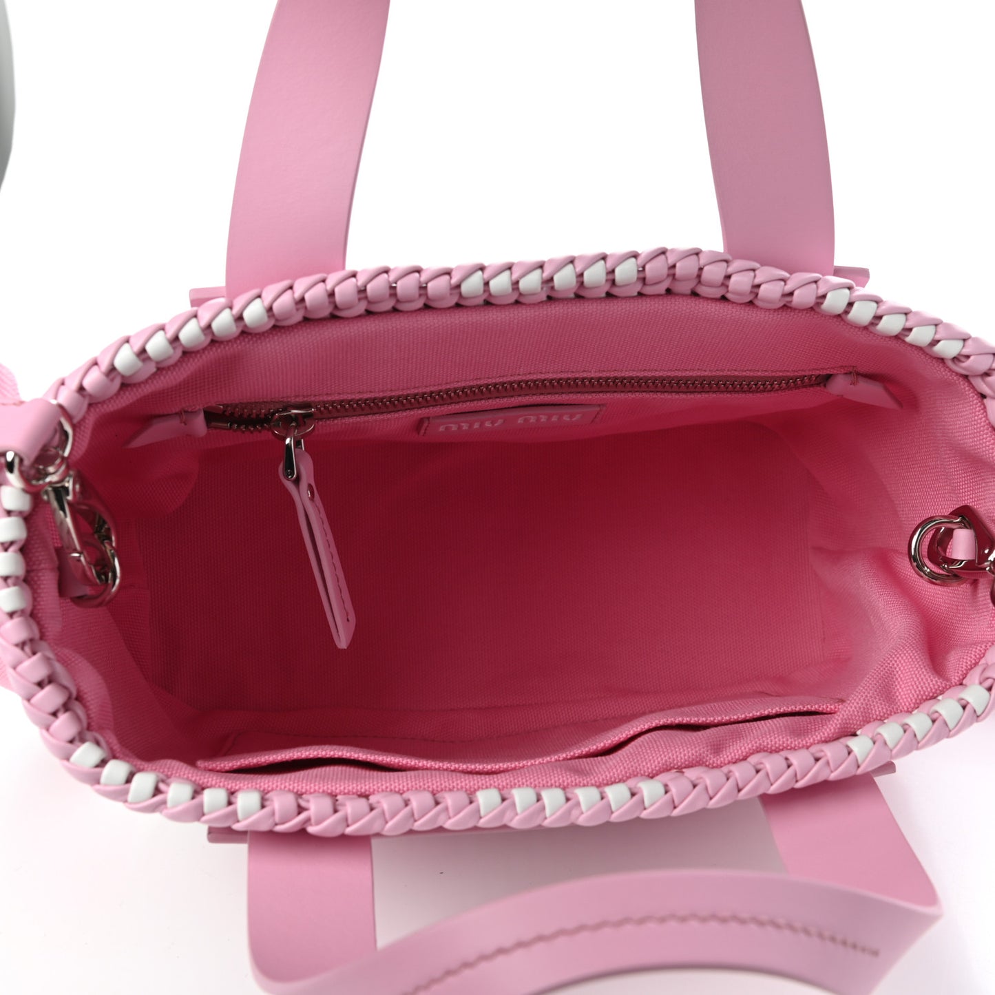 Polyurethane Calfskin Woven Bi-Color Tote Pink White