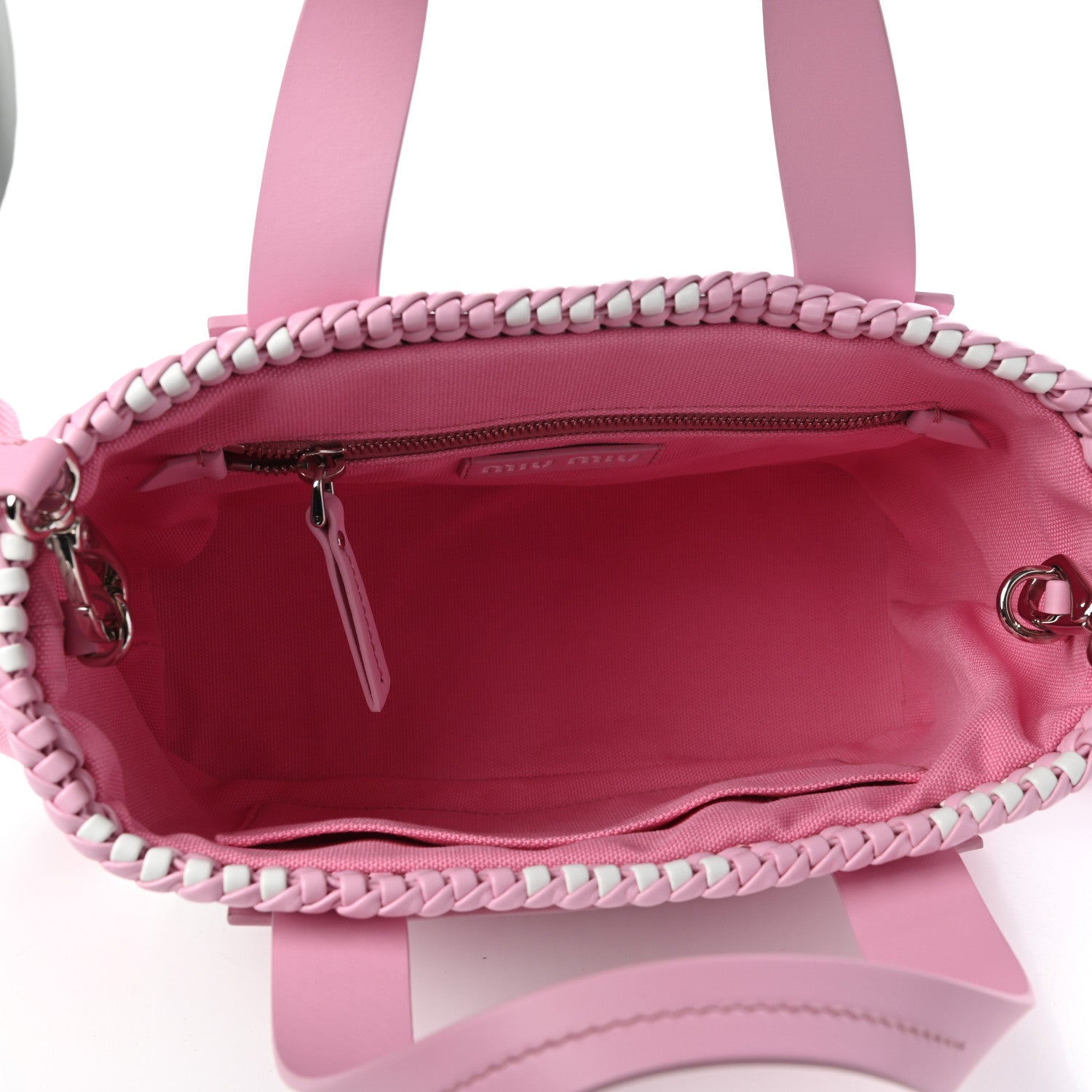 Miu Miu Polyurethane Calfskin Woven Bi-Color Tote Pink White 5 of 10
