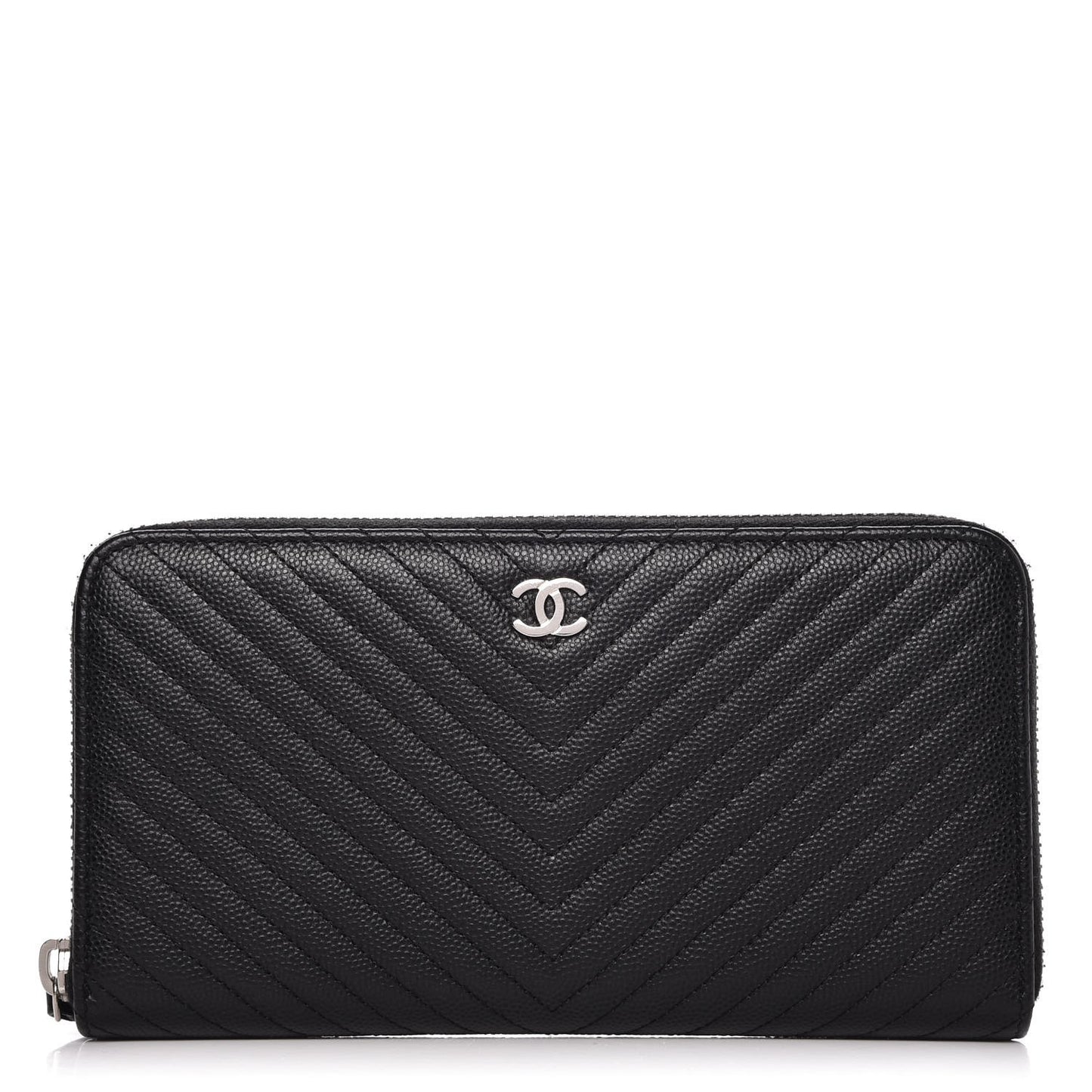 Caviar Chevron Quilted Large Gusset Zip Around Wallet Black